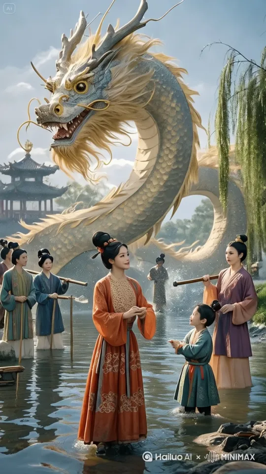 龙头摆动，龙嘴一张一合，龙身缓缓扭动 ，跳跃起来，同时天空出现七彩云霞 by Hailuo AI Video Generator