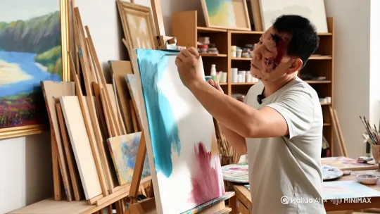 满身油彩，在画室里画油画，油画刚画了一半 by Hailuo AI Video Generator