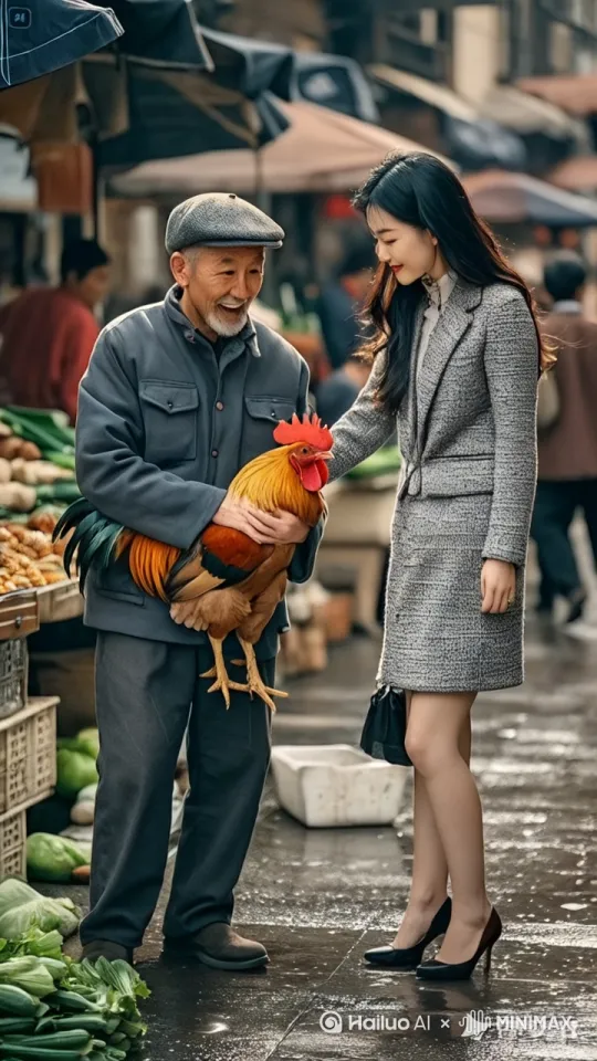 镜头移动，动态跟随，公鸡率先发起进攻，女人左腿猛地一蹬地，高高跃起，右脚如旋风般扫向公鸡的头部。公鸡机灵地低头闪躲，同时猛地一冲，用头向女人的腹部。女人左拳一招右拳则如雷霆万钧之势直击公鸡的侧身。公鸡侧身一扭，避开拳头，公鸡跳起来施展出迅猛的连环踢猛踢向女人。女人迅速抽回手，公鸡突然高高跃起，向女人踢去，女人趁公鸡落地未稳，飞起一脚踢在公鸡的后腿上，他们的招式刚柔并济，时而是刚猛的直拳，时而是柔美的转身回旋踢。其它的人都站起身来鼓掌呐喊。 by Hailuo AI Video Generator