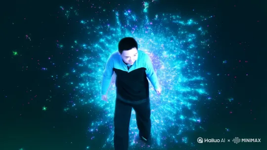 小满消失瞬间身体粒子化为故宫屋脊兽轮廓，故障艺术效果，新国风，赛博美学，玻璃插画，几何极简主义，简约，留白，迷幻霓虹光影，动态模糊处理，全息粒子特效，唐卡美学，玄幻神秘，诡秘，玄学主义，4K超清渲染，留白式构图 by Hailuo AI Video Generator