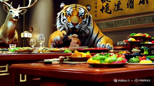 [推近 上升]中式餐厅氛围 老虎拿着餐刀正在切肉，老虎威风凛凛，肌肉发达，老虎面前一张大实木餐桌，切肉，要很自然的裂开，桌上有一顿丰富的晚餐，还冒着热气，餐桌的左边有一个栩栩如生的鹿头装饰餐桌，右边是其他配菜 老虎身后面的墙上一副横着的字画 楷书 写 弱肉强食 by Hailuo AI Video Generator