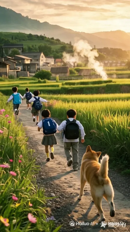 镜头移动，动态跟随，每个学生都突然飞起来，越过稻田，飞过高山，衣服随风飘荡，画面写实荒诞 by Hailuo AI Video Generator