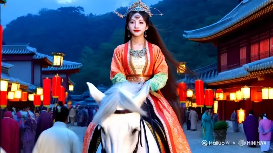 公主殿下骑马走在大唐不夜城下 by Hailuo AI Video Generator