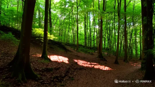 原始森林，阳光透过树梢，稀稀疏疏洒落在厚厚枯叶山，[推进] by Hailuo AI Video Generator