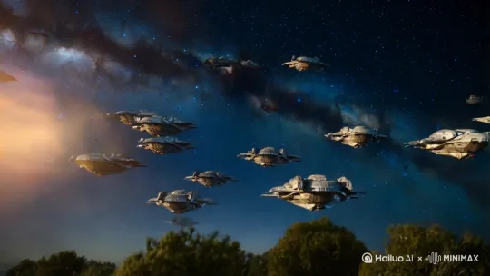 夏夜，空中飞过一艘一艘外星战舰，大小不一！ by Hailuo AI Video Generator