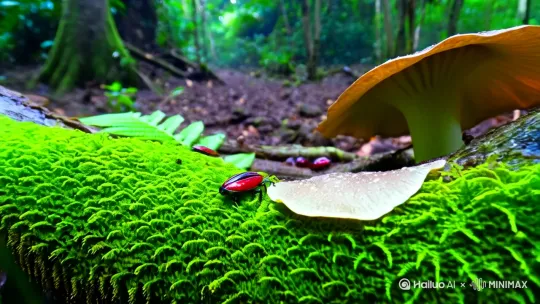 镜头贴地推进，腐烂橡木上覆盖着荧光绿的苔藓，三只红宝石甲虫在菌伞间穿行。露珠从蕨类植物的锯齿叶片滚落，在慢镜头中折射出扭曲的雨林倒影。背景音渐入：潮湿土壤被挤压的闷响，混着十七年蝉的振翅嗡鸣。
[推进] by Hailuo AI Video Generator