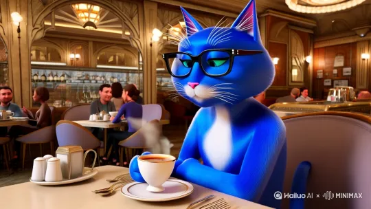 一只3D蓝色的猫（戴着黑框眼镜）在咖啡店喝咖啡， by Hailuo AI Video Generator