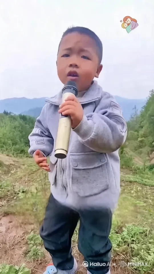 小男孩拿着话筒唱歌 by Hailuo AI Video Generator