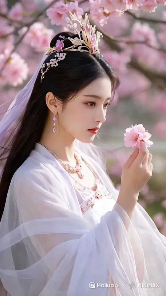 仙子看着花瓣微微一笑，来一拉镜头，动作过渡顺畅，自然， by Hailuo AI Video Generator