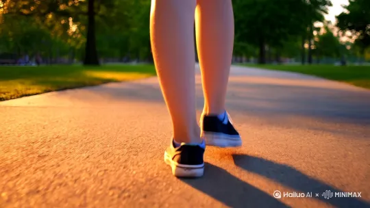 女学生独自一人走在校园操场中间的一条林荫小道的中间，开始是一个运动鞋的的特写，镜头慢慢展现女学生的全身背影，时间是下午黄昏时刻[推进,上升][右移,跟随] by Hailuo AI Video Generator
