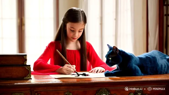 一位穿着红色连衣裙的美丽少女正在写书法作品写 ，一只英国短毛蓝猫趴在书桌上看着她写字 by Hailuo AI Video Generator