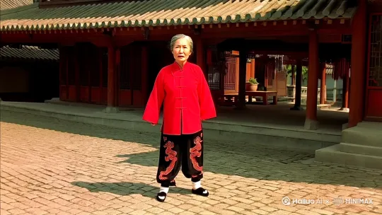 中国南方城镇的一个古色古香宽阔的院子里，一个穿着红色传统武术上衣，黑色蹬龙裤，白色布袜，黑色布鞋精神矍铄的老奶奶站在宽阔的院里，看了看高高的屋檐，纵身一跃就跳上了屋顶，又连续几个后空翻 ，侧手翻前空翻，轻盈地在相邻的屋顶上奔跑跳跃 by Hailuo AI Video Generator
