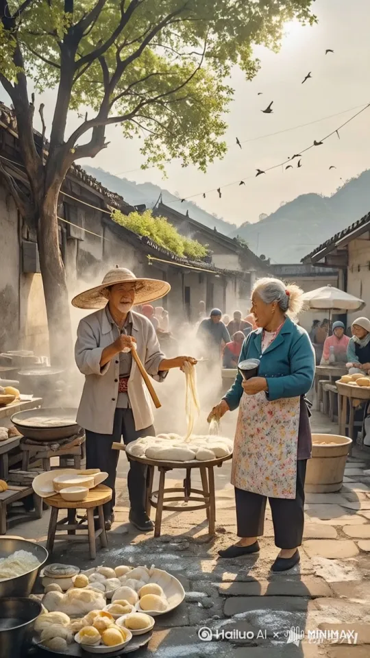 镜头移动，动态跟随，两个人手持擀面杖，身姿轻盈，即将展开一场惊心动魄的中国功夫对决。左边的人率先发动，他脚下轻点，身形如燕，瞬间跃至半空，手中擀面杖直刺而出，仿若飞箭，这一招融合了轻盈的轻功与凌厉的剑式。右边的人踏着奇异的步伐，侧身躲开攻击，同时手中擀面杖横扫，如同长鞭挥舞，风声呼啸。左边的人在空中一个翻转，借着轻功之力再次拔高，擀面杖自上而下猛砸，气势如虹，仿佛泰山压顶。右边的人急速后退，脚步如行云流水，擀面杖向上一挡，发出 “砰” 的一声巨响，两人各自借力向后飘去。落地瞬间，两人再次弹起，如鬼魅般冲向对手，擀面杖左劈右砍，招式快如闪电。
两人的身影在场地里交错翻飞，轻功使得他们的动作更加飘逸灵动，他们各自施展奇妙的轻功身法，在狭小的空间内穿梭自如，手中擀面杖不时回击，角度刁钻，周围的人欢呼雀跃、拍手叫好 by Hailuo AI Video Generator