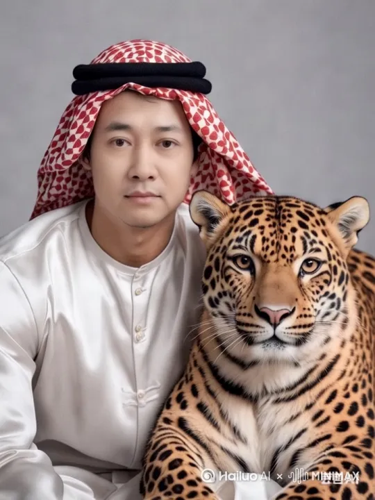 帅哥和金钱豹快乐地偎依在一起，金线豹含情脉脉注意着帅哥主人，并在帅哥怀中撒娇，帅哥爱怜地抚摸着金钱豹的脑袋，金钱豹非常开心幸福。 by Hailuo AI Video Generator