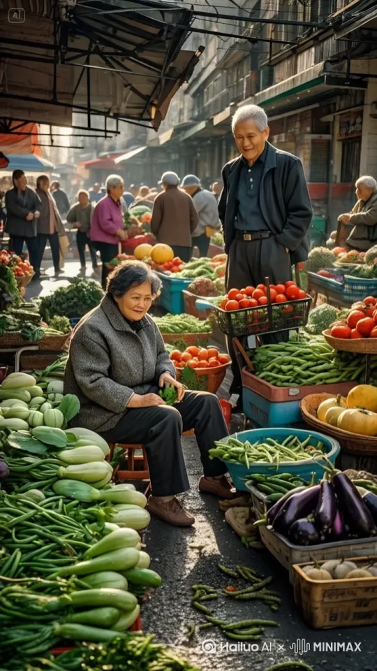 菜突然长出手脚并且菜开始快乐的跳舞，大爷和大妈也开始手舞足蹈，其他人都在拍手。动作自然流畅，符合逻辑，极致细节，镜头跟拍，超真实动态捕捉。清晰自然，不模糊，高质量，没有瑕疵 by Hailuo AI Video Generator