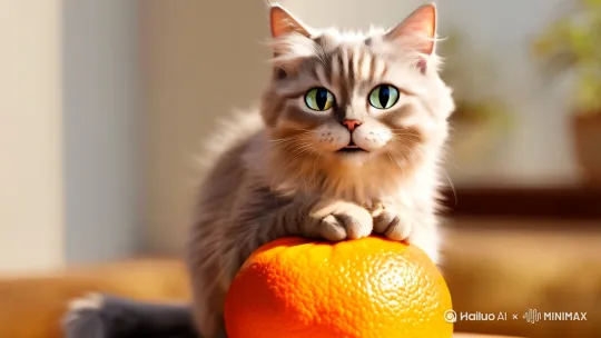人生成一只浅灰的大眼睛的萌猫坐在橙子上说话 by Hailuo AI Video Generator