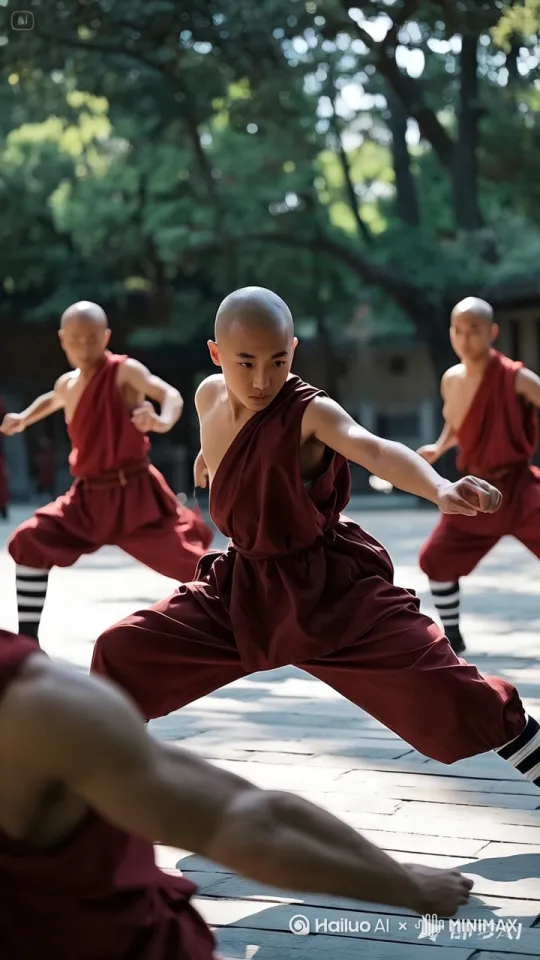 [左移,右摇,跟随]武僧们练习少林拳，所有人动作一样，右足向前踏出，伸右手，然后左足向前踏出，伸左手，然后双足并拢。双手合十。动作参考武星李连杰的动伙。 by Hailuo AI Video Generator