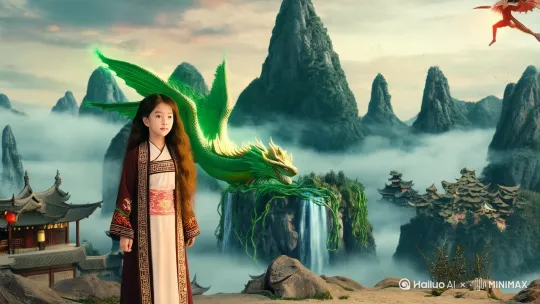 该小女孩是传说中的龙骑士,他的坐骑是一只中国传说中的祖龙,拥有阴阳水火属性,这个场景是反映小女孩召唤祖龙出世的剧情。
主题描述:天界悬浮山群漂浮在云海中,山体缠绕发光藤蔓,青龙盘踞主峰,山脚人间城池张灯结彩筹备蟠桃宴,幽冥界的忘川河穿透山体形成发光瀑布;美学设定:宋代青绿山水融合赛博光效,超广角构图展现场景纵深,4K级岩层肌理与云雾粒子细节;专业参数:全景式神话地理可视化,三界能量流动用光轨表现,建筑群保留唐代鸱吻与汉代斗拱样式,仙人御剑飞行的动态轨迹用半透明水墨效果呈现 by Hailuo AI Video Generator