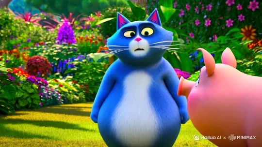 一个蓝色的特别胖的猫生气的指着一只猪说话 by Hailuo AI Video Generator