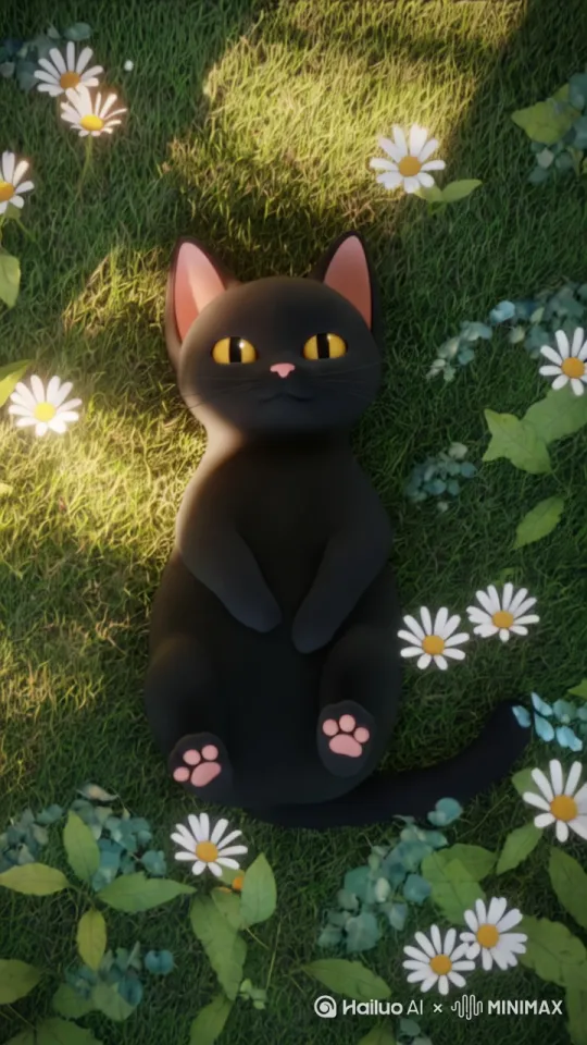 镜头推进：小黑猫躺在草地上惬意地伸了一个懒腰，前两只爪子举过耳朵露出粉色爪垫，黄澄澄的眼睛眯起来。镜头特写：花瓣落到小黑猫的耳朵上，耳朵抖了抖 by Hailuo AI Video Generator
