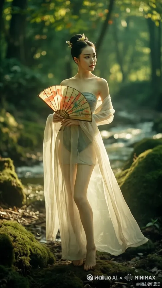 轻摇扇子，往前走，走着模特步，妩媚的笑着 [跟随,左移,变焦推进] by Hailuo AI Video Generator