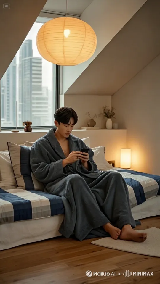 男人正在手机，突然棚顶破裂，一个丰满的美女掉下来，男人惊喜的跳起来，尘土飞 by Hailuo AI Video Generator