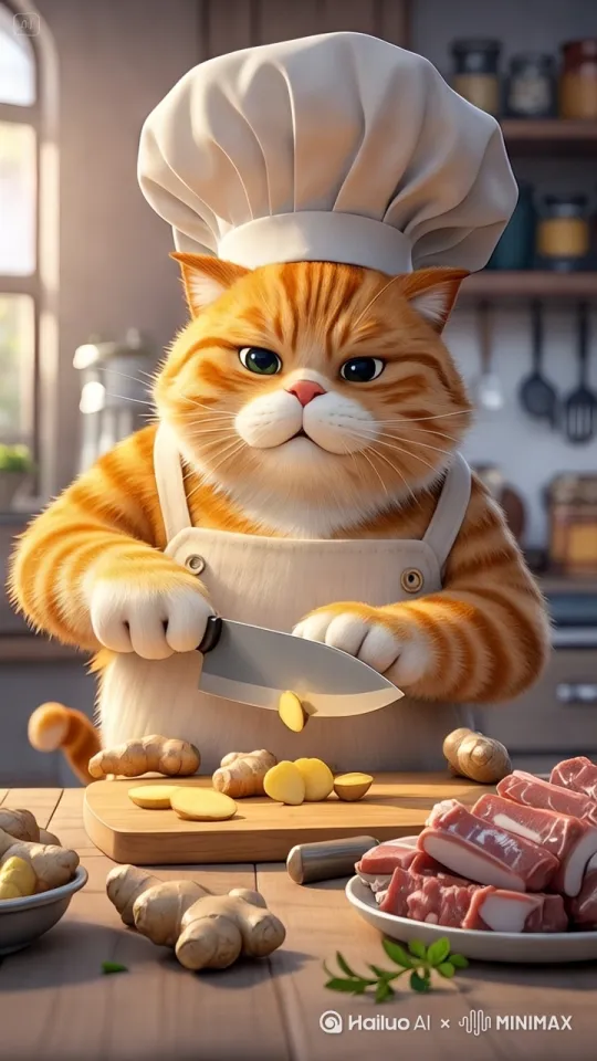 橘猫拿着手的刀切姜片，镜头拉推进姜片 by Hailuo AI Video Generator