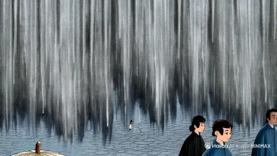 【水墨晕染｜清明哀思与新生】
开篇以枯笔皴擦出铅灰色雨幕，镜头下摇至青石板路泛起涟漪，虚焦处理的行人蓑衣轮廓在雨丝中颤动。中景平移跟拍诗人背影，纸伞边缘垂落的雨帘折射出远处牧童笛声的波纹，AI粒子系统模拟杏花瓣随雨滴悬浮下落，牧童扬手指向画面右上角——杏花村轮廓以青绿山水笔法逐帧渲染，村口酒旗在湿气中晕出暖黄光斑。结尾15%画面留白处，行楷诗句从雨中溶解浮现，配以渐近的陶埙声与雨打纸伞的细腻白噪音。（建议：强化“雨纷纷”的层次晕染，用2.5D镜头突出“遥指”的空间纵深感，杏花村的光色饱和度需高于主场景，隐喻哀愁中的生命微明） by Hailuo AI Video Generator