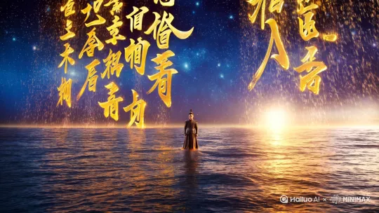 图片生成信息：流体水墨，以书法呈现，一排排发光金色透明书法如雨般落下。人在海面稳步前行，置身于鲲鹏所在的虚空世界，虚实相映。天空中星罗万象，画面具备 86K超高清画质，周围环境丰富，散发着光芒，构图完美，堪称大师作品。超高清画质与超写实风格相得益彰，立体感十足，尽显侠客风范。 by Hailuo AI Video Generator