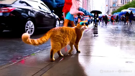 一只猫在下雨天走路背景是繁华的城市
那只猫带着墨镜
[推进,变焦拉远,跟随] by Hailuo AI Video Generator