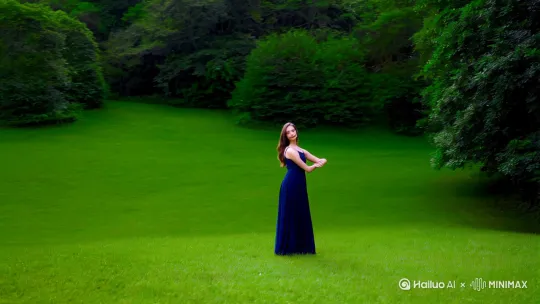 你一个美女站在绿油油的草地上。左右摇摆舞起来，全身照 by Hailuo AI Video Generator
