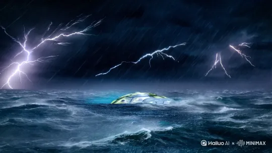 雷雨交加的夜晚 波涛汹涌的海面 推进 一头蛇头龟身的怪物 蛇头闪着雷电 龟身散发着闪耀碧绿的光芒 蛇头不断上仰 发出雷鸣的吼声 by Hailuo AI Video Generator