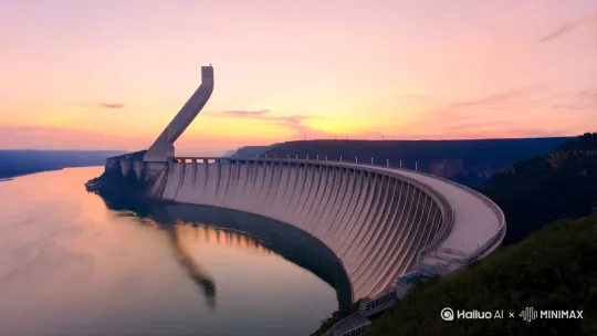 【开场-宏伟全景】
（无人机俯瞰视角）
画面：晨曦中巨型弧形水坝横亘峡谷，混凝土坝体如巨人臂膀拦截江河，湖面平静如镜倒映朝霞
文案：当人类文明与自然之力相遇/巍峨大坝承载着光的重量（低沉男声，交响乐前奏渐起）

【功能展示-科技之美】
（镜头切至控制室仪表盘特写）
画面：闪烁的指示灯与跳动的数据流，工程师专注调整参数
文案：每一组数字都是驯服江河的密码/水力发电机组在地下无声运转（科技感电子音效）

【蓄势待发-力量凝聚】
（慢镜头拍摄闸门机械结构）
画面：巨型齿轮缓缓咬合，液压装置泛起油光，闸门缝隙渗出晶莹水珠
文案：百万吨水压在精密机械间凝结/等待释放的瞬间蓄满文明的能量（金属摩擦声效渐强）

【高潮-飞瀑史诗】
（多角度混剪水流）
画面：闸门轰然开启，白浪如千军万马奔涌，水雾中折射出七彩虹光
文案：看！凝固的江河重新获得生命（声调上扬）/银龙腾空劈开群山沉默（水流轰鸣声达到顶点）/每秒万吨的倾泻书写地球年轮（航拍镜头拉远展现瀑布全貌）

【人文视角-共生关系】
（切至坝下村落仰视镜头）
画面：老人带着孩童遥望瀑布，输电塔沿山脉绵延向远方城市
文案：咆哮的浪花化作万家灯火/古老河道孕育新的生命韵律（加入溪流鸟鸣自然声效）

【收尾-时空对话】
（延时摄影从星空过渡到坝体）
画面：银河倒映在平静水库，坝体灯光如金色项链点缀黑夜
文案：当浪花沉入永恒寂静/这座混凝土丰碑仍在诉说——人类从未停止与江河的对话（回声效果处理） by Hailuo AI Video Generator