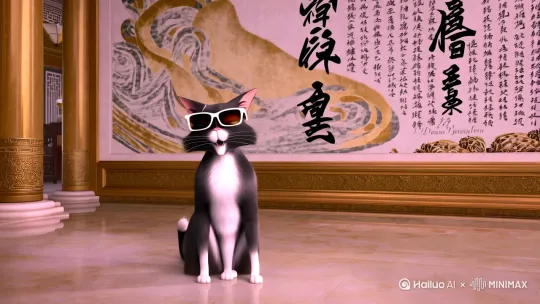 一只戴墨镜的猫在别墅里面唱歌，背面墙上有一张大展宏图的字画
有个水池，里面都是银色的鱼 by Hailuo AI Video Generator