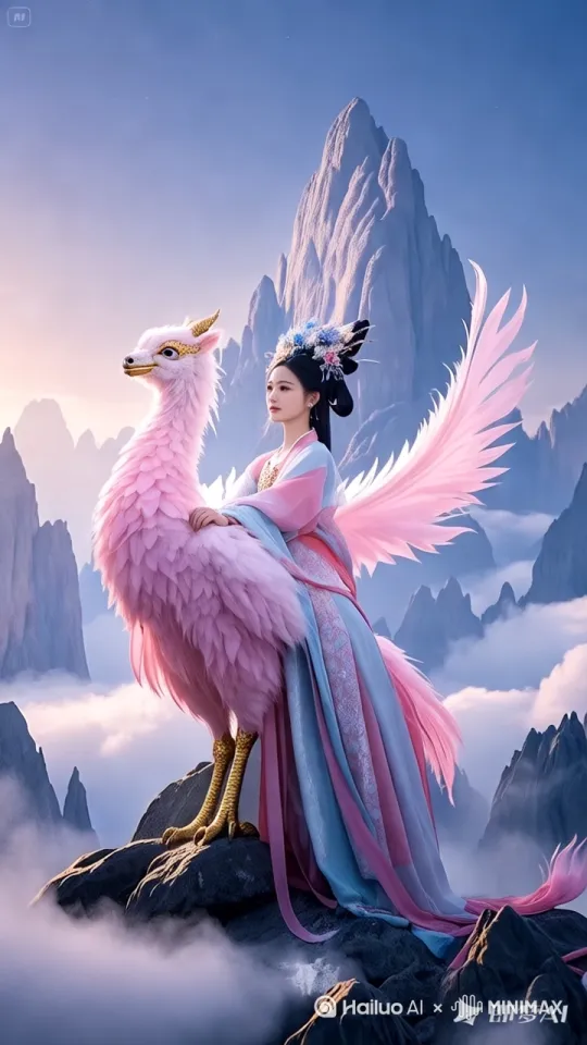 [跟随]云雾缭绕的仙山之巅，金爪金喙的神鸟微微振翅。它双翅奋力展开，拔地而起。神鸟载着华服女子，在澄澈蓝天上翱翔，神鸟的羽毛闪烁着柔和光晕，每一划动翅膀，都似在编织绮丽仙梦[拉远,跟随,变焦拉远] by Hailuo AI Video Generator