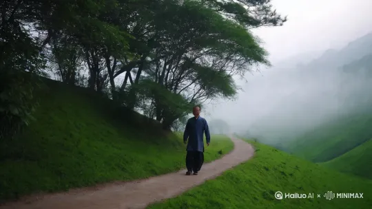 清明时节烟雨蒙蒙中年男人行走在乡间小路上 by Hailuo AI Video Generator