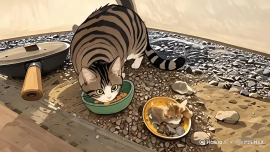 向前运镜，猫咪吃饭嘴部特写[下降,上摇] by Hailuo AI Video Generator