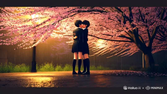 新海诚风格2D动漫，雨后樱花树下，黑色JK过膝袜女生与束状纹理短发男生相拥接吻，45度倾斜镜头从全景环绕拉近至睫毛湿润特写，飘落花瓣附着雨珠+路灯暖光丁达尔效应，浪漫慢动作 by Hailuo AI Video Generator