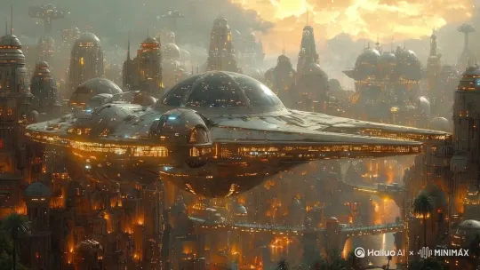 宏大的场景，天上的飞行器快速飞行，灯光闪烁，平滑运镜，自然 by Hailuo AI Video Generator