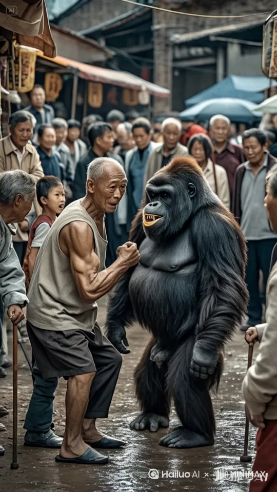 镜头移动，动态跟随，展现一个史诗般的激烈打斗场面。大爷和大猩猩正在进行惊心动魄的中国功夫对决，身形矫健，步伐灵活，每一个动作都充满力量与技巧。一人率先发动攻击，以迅雷不及掩耳之势踢出一记凌厉的侧踢，另一人迅速后仰躲避，紧接着回击一套连贯的拳法，拳风呼啸。他们的招式刚柔并济，时而是刚猛的直拳，时而是柔美的转身回旋踢。身影交错之间，地面的尘土飞扬而起，镜头动态跟随，从不同角度展现他们激烈的交锋，周围的人拍手叫好。 by Hailuo AI Video Generator