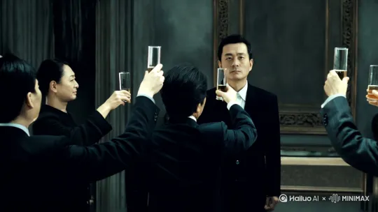 《无间道》，倪永孝与众人一起举杯，祭奠亡父。暗色调。[右移,左摇,跟随] by Hailuo AI Video Generator