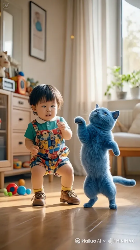 请帮我生成小男孩与这只蓝猫系列的打动场面拳脚相加相当的激烈场面震撼速度超快行云流水真实画面清晰逼真镜头跟随动态移动。 by Hailuo AI Video Generator