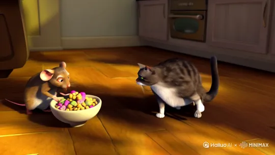 一只猫和一只老鼠在同一个碗里吃食物。 by Hailuo AI Video Generator