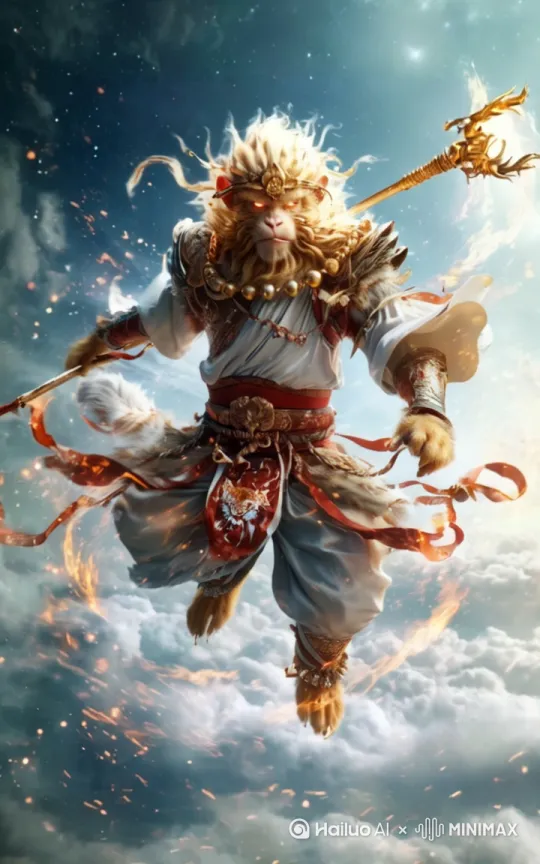 猴王身披华丽金色战甲立于翻涌云海，火焰金箍棒划出弧形烈焰轨迹，动态模糊特效展现跃起瞬间的爆发力，锐利眼神配合飞扬红披风强化威严感，粒子光效在翻滚云层间流动，高对比度光影凸显火焰灼烧云气的细节，低角度仰拍构图突显冲天而起的动势，4K电影级画面质感配合冷热色调碰撞的末日美学风格 by Hailuo AI Video Generator