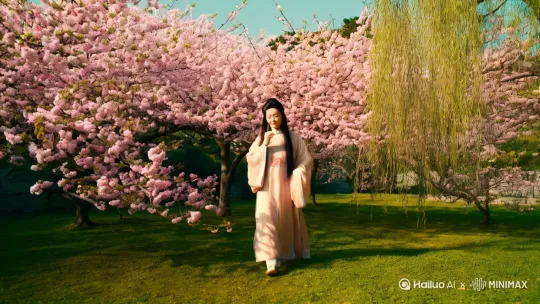 生成视频，电影感，注重细节表现，色调清冷，画面有日本昭和风。运镜先上扬，最后拉远。
   背景是园林里的桃花向着太阳开的很明艳。一个唐朝皇宫里美丽的妃子在桃花园里散步，风情万种，不断撩起秀发。漾起思春的情意。
那初绽的桃花仿佛是偷偷借取她面色的红润，那屋檐边新发的柳枝仿佛是学她轻盈的身姿。
女人在花间徘徊看那款款飞舞的蝴蝶，听取枝头黄莺的歌唱。 by Hailuo AI Video Generator