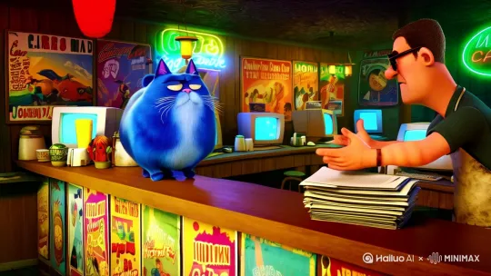 一只蓝色的胖猫在和网吧管理员争吵 by Hailuo AI Video Generator