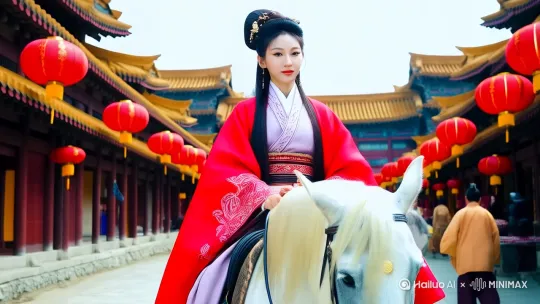穿着汉服，骑着白马走在长安城的朱雀街 by Hailuo AI Video Generator