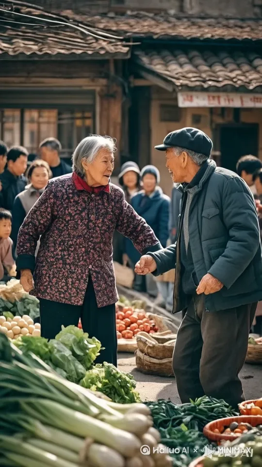 大爷大妈在菜市场里头争吵，互相用中国功夫打斗你一拳，我一脚飞起来，打斗场景非常壮观，周围群众吓得到处乱跑3D高清，跟踪镜头 by Hailuo AI Video Generator