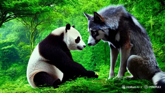 大熊猫和大灰狼共进晚餐[推进,上升] by Hailuo AI Video Generator