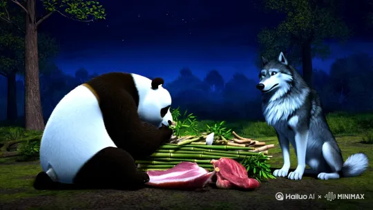 大熊猫和大灰狼共进晚餐 by Hailuo AI Video Generator